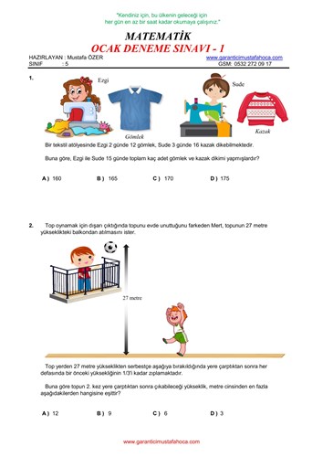 5.Sınıf Matematik Ocak Ayı Deneme - 1