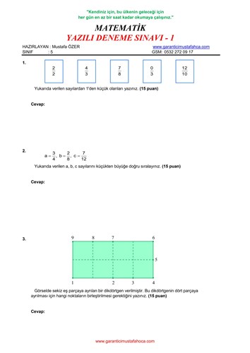 5.Sınıf Matematik Yazılı Deneme Sınavı - 1