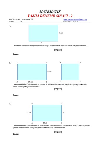 5.Sınıf Matematik Yazılı Deneme Sınavı - 2