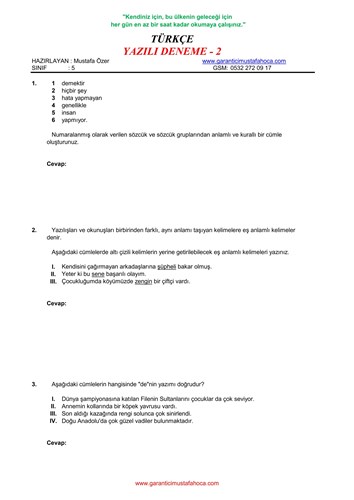 5.Sınıf Türkçe Yazılı Deneme - 2