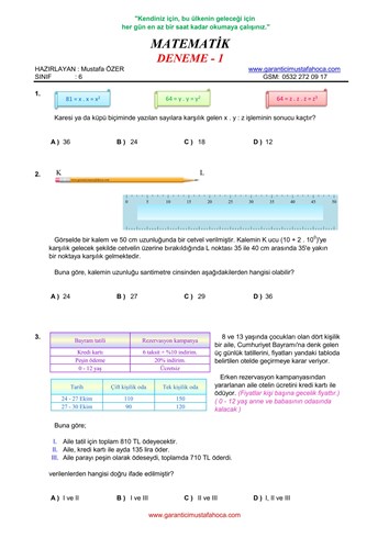 6. Sınıf Matematik Deneme - 1