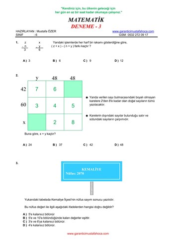 6. Sınıf Matematik Deneme - 3