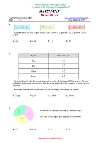 6. Sınıf Matematik Deneme - 8