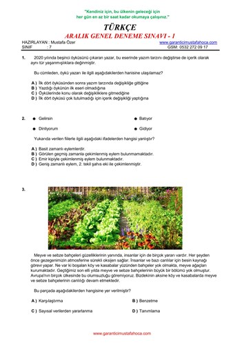 7. SINIF ARALIK GENEL DENEME SÖZEL - 1