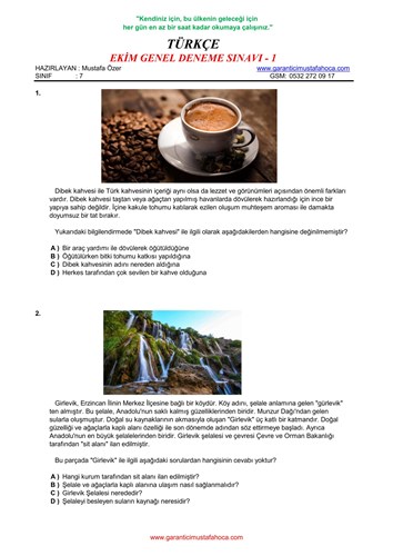 7. SINIF OCAK GENEL DENEME SÖZEL - 1