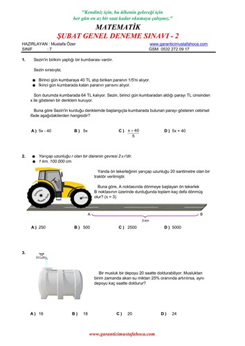 7. SINIF ŞUBAT GENEL DENEME SAYISAL - 2