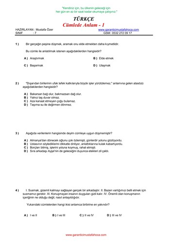 7.Sınıf Cümlede Anlam - 1