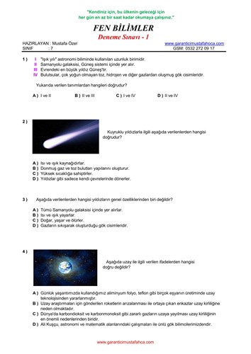 7.sınıf Fen Bilimleri Deneme - 1