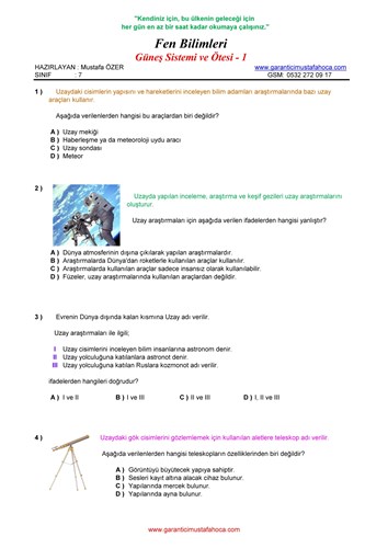 7.Sınıf Güneş Sistemi ve Ötesi - 1