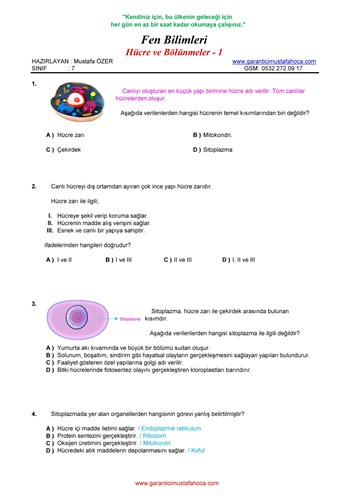 7.Sınıf Hücre ve Bölünmeler - 1