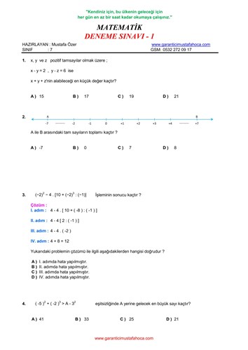 7.Sınıf Matematik Deneme - 1