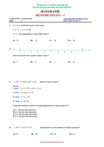 7.Sınıf Matematik Deneme - 1