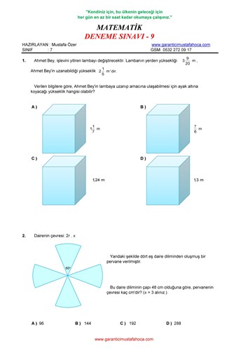 7.Sınıf Matematik Deneme - 9