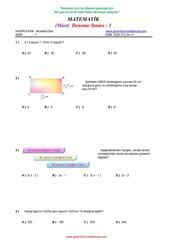 7.Sınıf Matematik Mart Ayı Deneme - 1