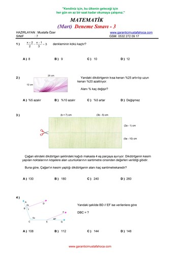 7.Sınıf Matematik Mart Ayı Deneme - 3