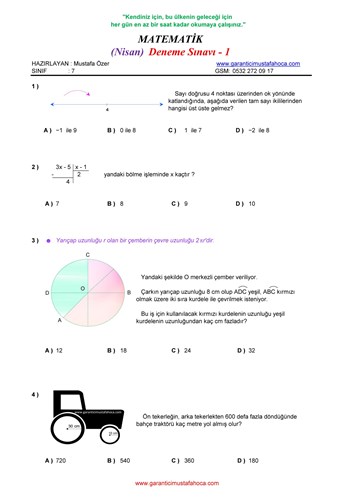 7.Sınıf Matematik Nisan Ayı Deneme - 1