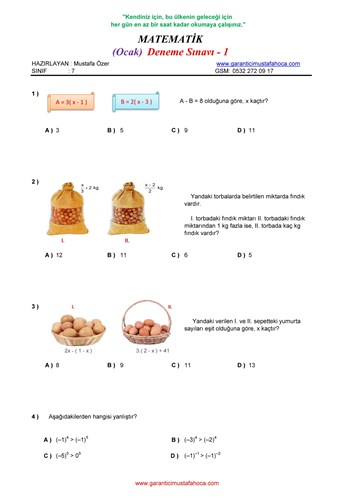 7.Sınıf Matematik Ocak Ayı Deneme - 1