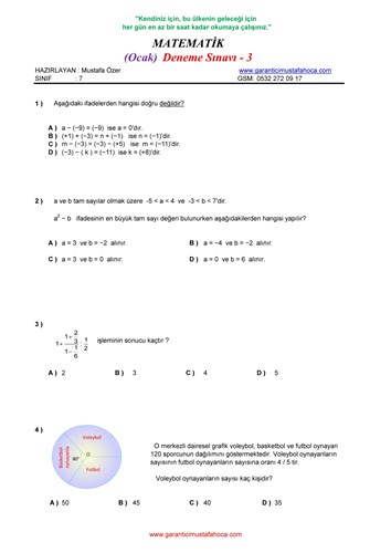7.Sınıf Matematik Ocak Ayı Deneme - 3