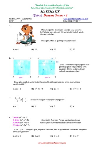 7.Sınıf Matematik Şubat Ayı Deneme - 1