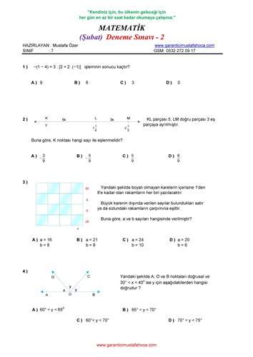 7.Sınıf Matematik Şubat Ayı Deneme - 2