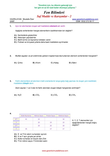 7.Sınıf Saf Madde ve Karışımlar - 2