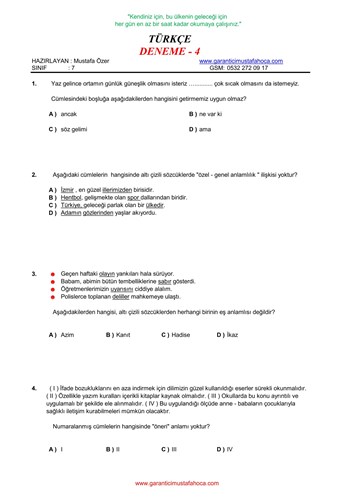 7.Sınıf Türkçe Deneme - 4