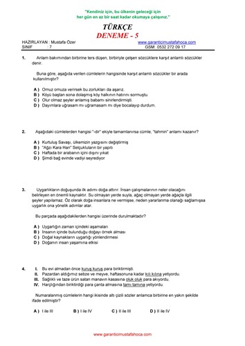 7.Sınıf Türkçe Deneme - 5