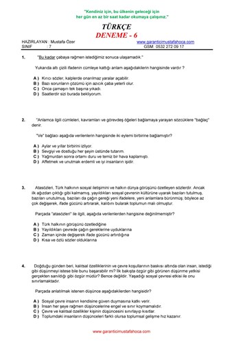 7.Sınıf Türkçe Deneme - 6
