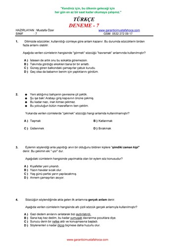 7.Sınıf Türkçe Deneme - 7
