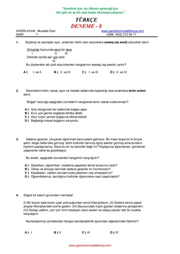 7.Sınıf Türkçe Deneme - 8