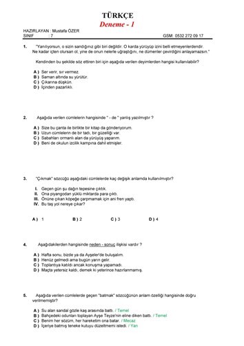 7.Sınıf Türkçe Deneme - 1