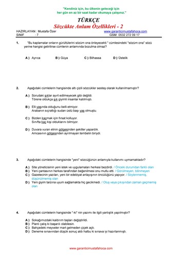 7.Sınıf Sözcükte Anlam - 2