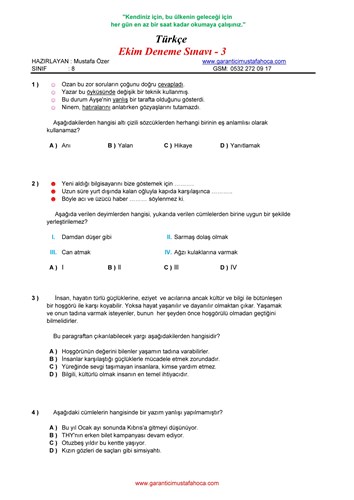 8.Sınıf Ekim Ayı Denemesi - 3