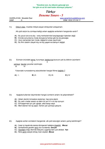 8.Sınıf Ekim Ayı Denemesi - 5