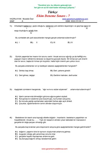 8.Sınıf Ekim Ayı Denemesi - 7