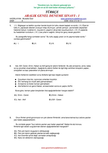 ARALIK GENEL DENEME SÖZEL - 1