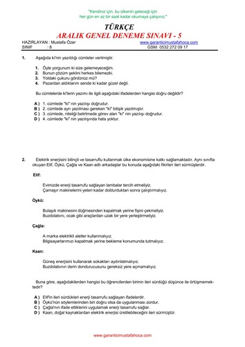 ARALIK GENEL DENEME SÖZEL - 5
