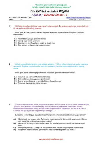 Din Kültürü Ahlak Bilgisi (Şubat) Deneme - 1