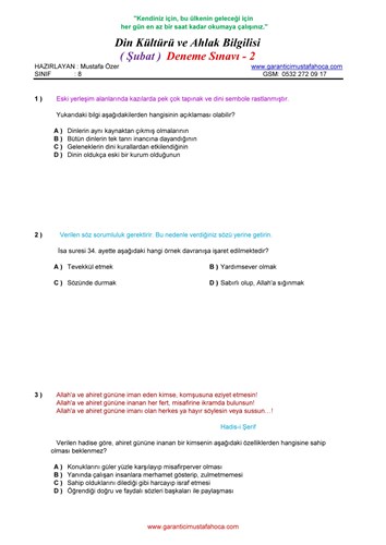 Din Kültürü Ahlak Bilgisi (Şubat) Deneme - 2