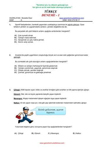 TÜRKÇE DENEME SINAVI - 1