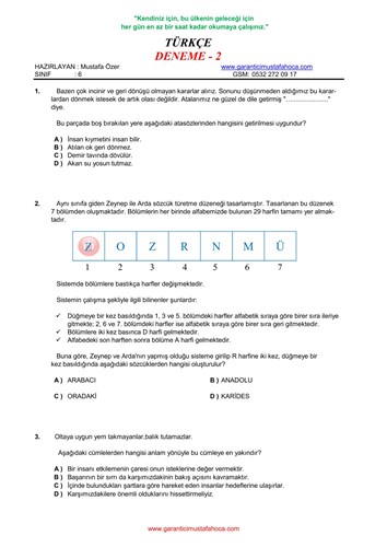 TÜRKÇE DENEME SINAVI - 2