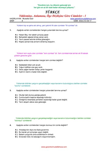 Yüklemine, Anlamına, Öge Dizilişine Göre Cümleler - 1